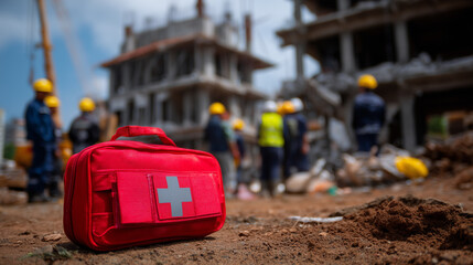 Red first aid kit on ground at active site