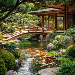 Fototapeta premium Arched wooden bridge over koi pond in lush Japanese garden, surrounded by trimmed bushes, rocks, and ornamental trees. Generative by AI.