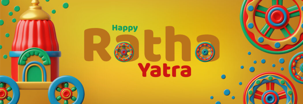 3d golden Ratha Yatra celebration banner with colorful traditional wheel and chariot.