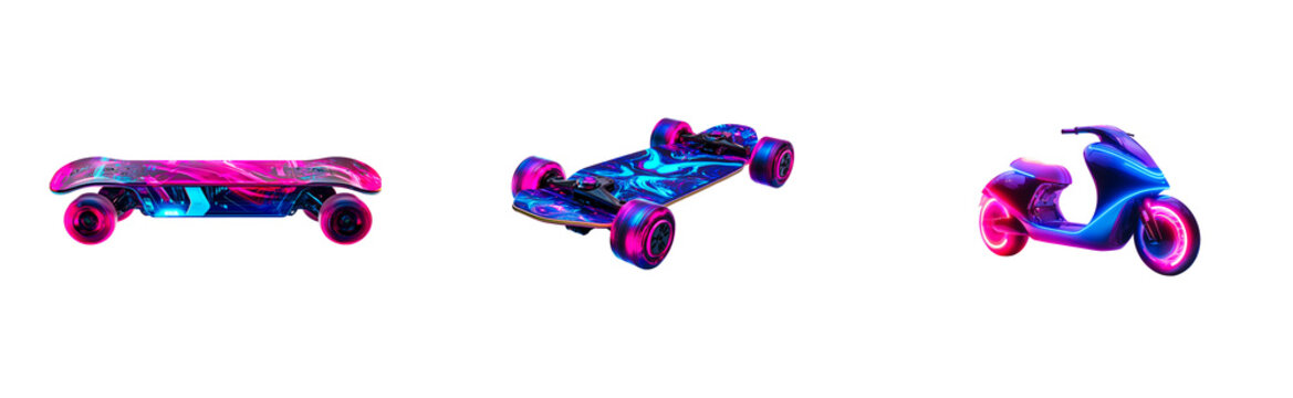 Neon lit vehicles: skateboard, longboard, scooter, cut out transparent