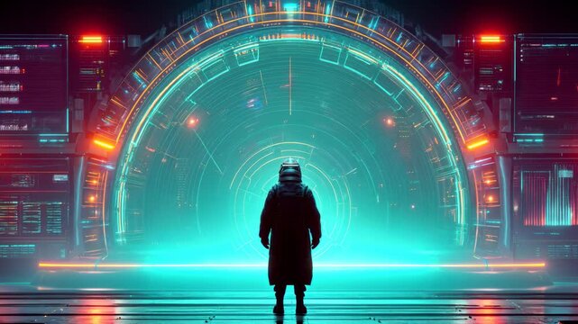 Futuristic operator stands before glowing portal interface with digital screens and neon lights, creating mysterious sci fi