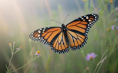 Fototapeta premium Close-up of a vibrant butterfly with blue and orange wings in mid-flight