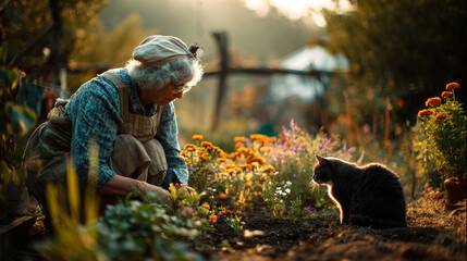 Elderly woman tending her flower garden with her feline companion on a sunny day.