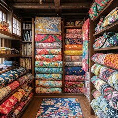 Fototapeta premium Shelves filled with colorful folded and rolled kimono fabrics arranged by color and pattern inside a traditional Japanese wooden room. Generative by AI.