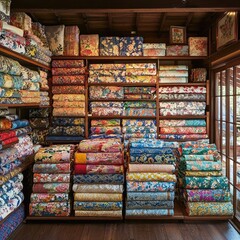 Shelves filled with colorful folded and rolled kimono fabrics arranged by color and pattern inside a traditional Japanese wooden room. Generative by AI.
