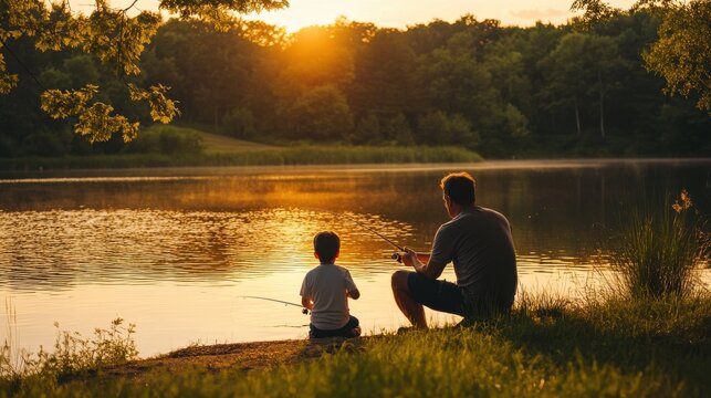Serene waterside moment: Father teaches son angling basics at twilight, forging lasting bond amidst peaceful nature scene.