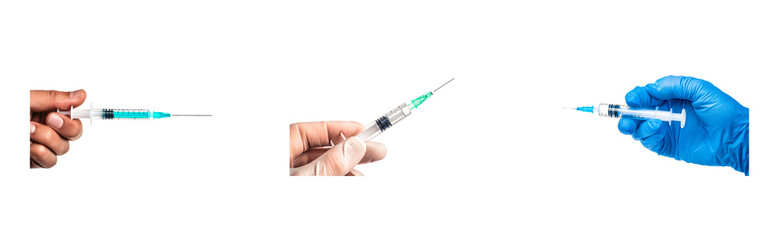 Hands holding syringe with liquid, closeup view, cut out transparent