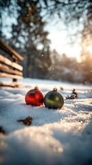 Red & Green Ornaments in Snow. Winter scene, sunlight, bokeh background