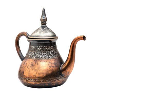 Large, ornate brass tea pot sits on a white background