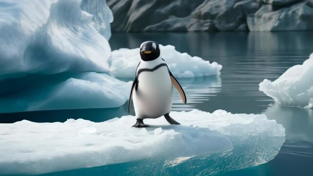 cute little penguin standing on the ice near the sea