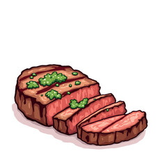 Vsai grilled steak with chimichurri sauce being sliced on white background