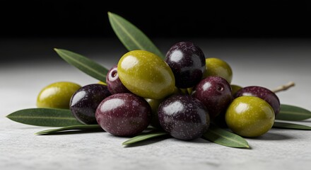 Obraz premium Olive Pile with Leaves on Surface
