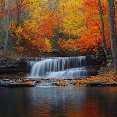 Waterfall cascading over stone ledge into calm pond surrounded by autumn forest with red, orange, and yellow leaves. Generative by AI.