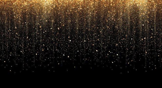 Golden glittering particles cascading downwards on a black backdrop.