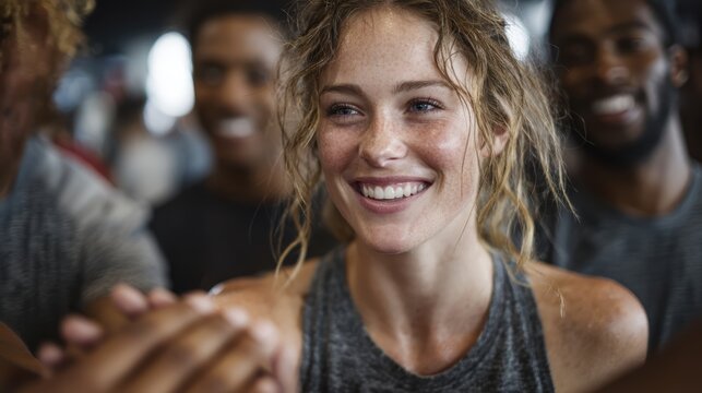 A diverse group of athletes supporting each other during a team-building activity at a training camp.