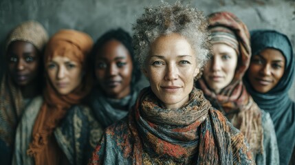 A diverse group of women from various backgrounds standing together in solidarity, showcasing the power of unity.