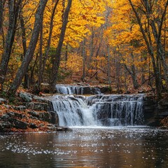 Fototapeta premium Waterfall cascading over stone ledge into calm pond surrounded by autumn forest with red, orange, and yellow leaves. Generative by AI.