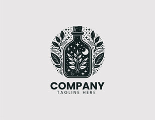 Obraz premium Intricate Magic Potion Bottle with Plants and Stars Vector Logo Design, Detailed Magic Elixir Bottle Plants Stars Vector Logo, , Ornate Magic Potion Bottle Herbs Stars Illustration Logo