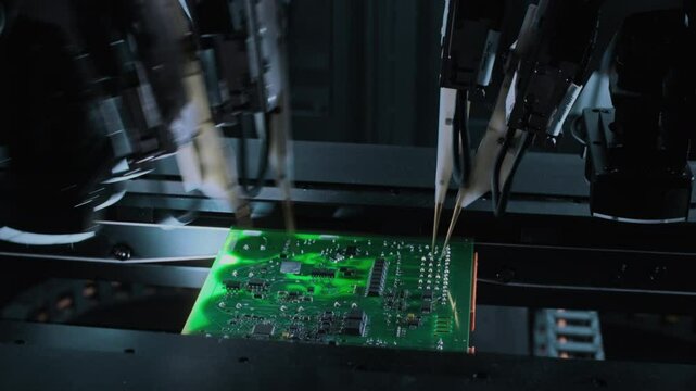 Close-up: component installation on circuit board. Electronic devices SMT industry. Factory of semiconductor, processor. PCB tiles manufacturing. Production of video cards for artificial intelligence.