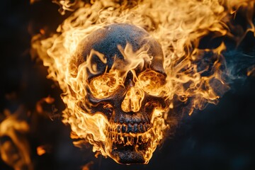 Human skull engulfed in fire creating a dramatic visual effect, human skull in fire