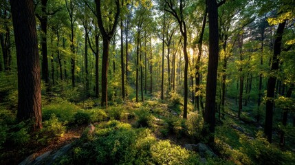Obraz premium A serene spring forest bathed in the golden glow of a setting sun, casting warm light through the canopy of fresh green leaves