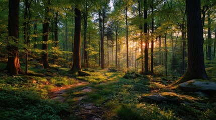 Obraz premium A serene spring forest bathed in the golden glow of a setting sun, casting warm light through the canopy of fresh green leaves