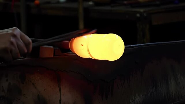 Artisan Glassblower Shaping Glowing Molten Glass in Workshop