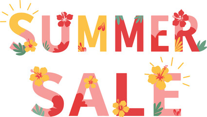 colorful summer sale text with tropical flowers and sun decorations in flat design