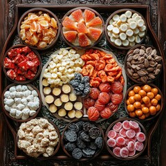 Assorted dried fruits and candies arranged in colorful sections on a round wooden tray placed near a window. Generative by AI.