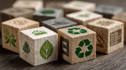 A close-up of wooden blocks with green sustainability icons, focusing on eco-friendly actions and renewable energy