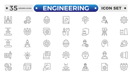 Engineering outline icon set. Future technology icon set. Containing robot, artificial intelligence, innovation, smart city, robotics, humanoid, hologram, digital world. Editable stroke outline icon.