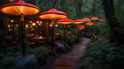 whimsical woodland caf where animals sip tea under glowing lanterns hung from giant mushrooms, Generative AI