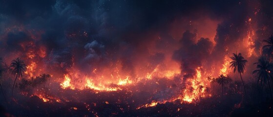 dramatic volcanic eruption where streams of lava flow through a dark jungle as ash clouds rise into the night sky, Generative AI