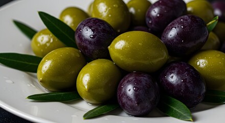 Obraz premium Green and Black Olive with Leaf on Plate