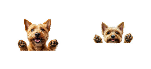 Fototapeta na wymiar Two cute small terrier dogs looking over edge, cut out transparent