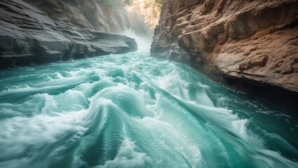 Turquoise water rapids surging through rocky gorge