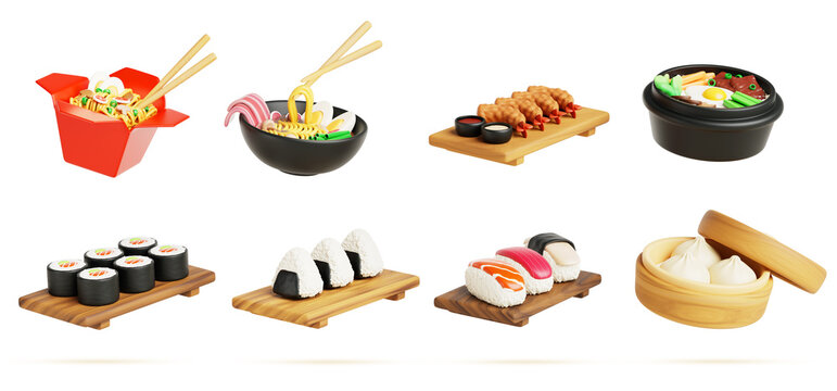 Asian food set with wok noodle box, ramen soup, shrimp tempura, bibimbap, sushi, rice onigiri and baozi meal icon render. Chinese Korean Japanese cuisine dishes in bowl and wood tray. 3D illustration