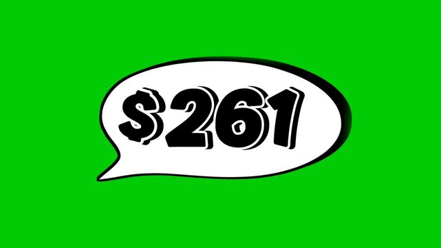 261 dollars price tag animation motion graphics in speech bubble on green screen background for wholesale or black Friday event business concept video element