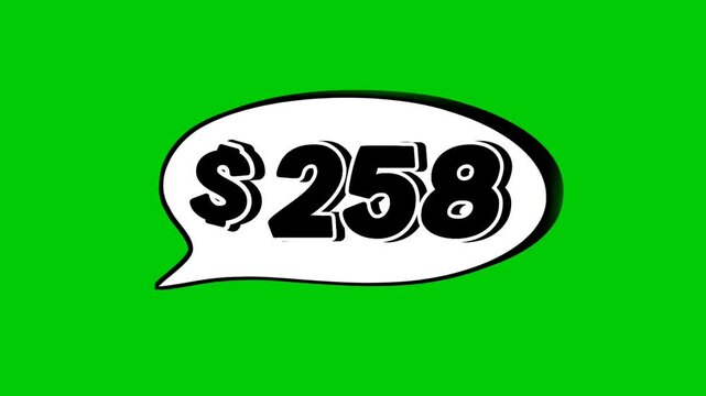 258 dollars price tag animation motion graphics in speech bubble on green screen background for wholesale or black Friday event business concept video element
