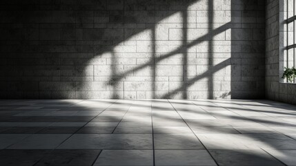 Spacious industrial interior with large casting natural sunlight shadows onto tiled floo in an empty modern warehouse setting