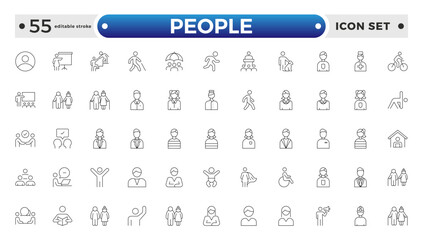 People outline icon set. Containing group, family, human, team, community, friends, population and senior icons. Editable stroke outline icon.
