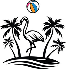 Flamingo standing on beach scene vector art, flamingo standing on beach scene silhouette vector illustration, flamingo standing on beach scene line art vector