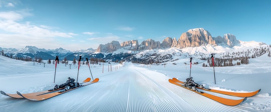 Snowy ski slope with vibrant orange skis, poles, and mountain range backdrop under clear blue sky