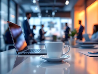 White coffee cup with laptop computer on office table for business concept, in clean office.