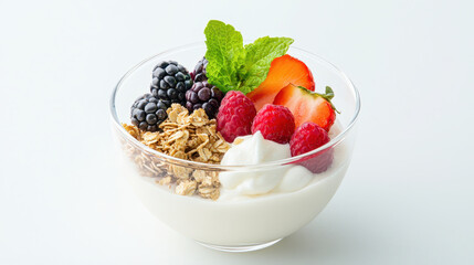 Creamy yogurt topped with fresh berries, granola, and mint leaves creates delicious and healthy snack