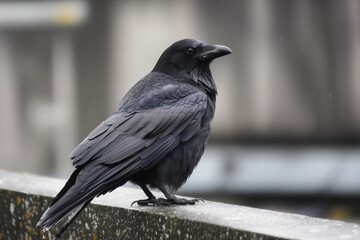 Crow Resting on a Rail with Dark Feathers