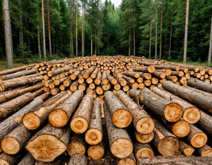Timber harvesting: stacked pine logs on the edge of a forest. A long stack of freshly cut tree trunks in a dense forest