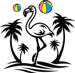 Flamingo standing on beach scene vector art, flamingo standing on beach scene silhouette vector illustration, flamingo standing on beach scene line art vector