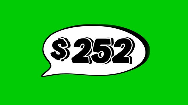 252 dollars price tag animation motion graphics in speech bubble on green screen background for wholesale or black Friday event business concept video element