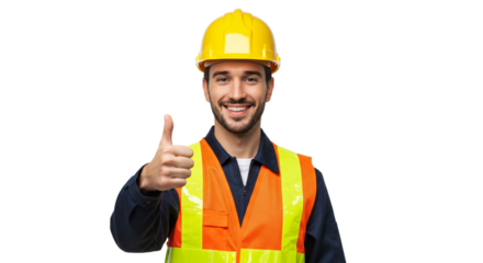 Potrait of construction worker wearing yellow construction helmet and orange reflective safety vest, smiling and giving a thumb-up, isolated on transparent background, cut out png